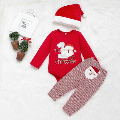 Neugeborene Baby Weihnachten Outfits Set Strampler Hose Hut Kleinkind Kleidung