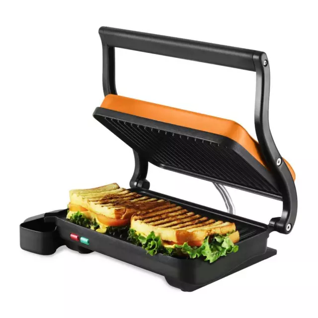Copper Electric Panini Press Grill 2-Slice 1000Watt Heating Plate with Drip Tray