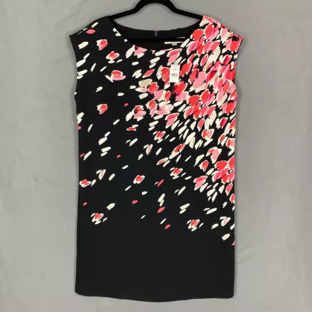 Ann Taylor LOFT Shift Dress Womens L Black Cherry Blossom Floral Sleeveless Zip