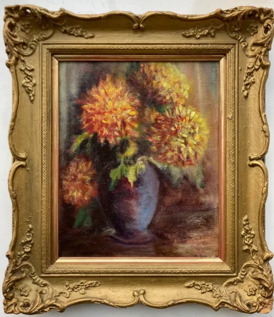 20th Century Vintage Oil Painting on Board Still Life Study of Dahlia Flowers