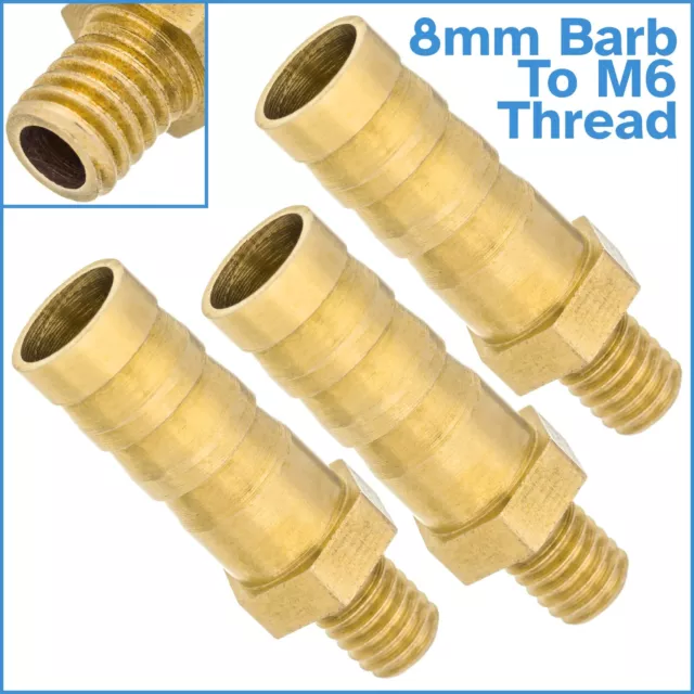 3pcs Brass 8mm Barb Hose To M6 Metric Male Threaded Pipe Fitting Tail Connector