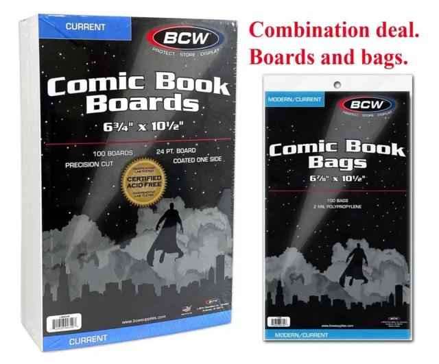 200 BCW Current / Modern Comic Book Bags Sleeves + Acid Free Back Boards New
