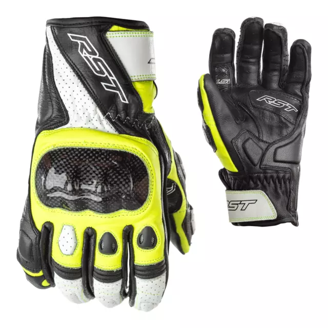 RST Stunt III CE Leather Mid Cuff Sport Motorcycle Motorbike Gloves Black Yellow