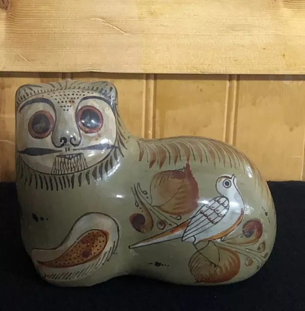 Mexican Tonala Cat Sculpture, Vintage Folk Art, Patterned, Very Good