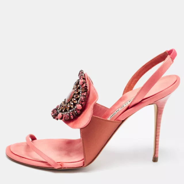 Manolo Blahnik Pink/Brown Satin Crystal Embellished Ankle Strap Sandals