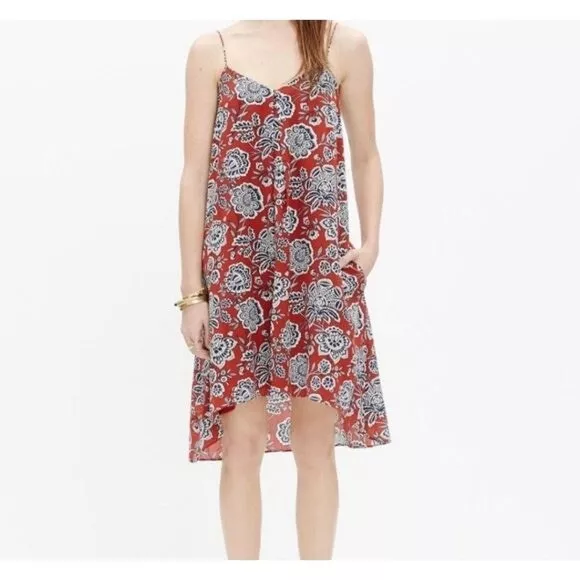 Madewell Red Cami Trapeze Italian Floral Silk Flowy Dress size Small EUC