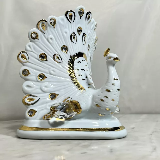 Vintage Capodimonte Glazed Porcelain Peacock Figurine, Gold Trim & Crystals ❤️