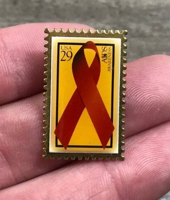 USA 29 Cent Stamp Red Ribbon Aids Awareness Vintage Lapel Hat Backpack Bag Pin