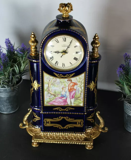 Vintage T limoges cobalt blue porcelain marked mantel clock victorain scene