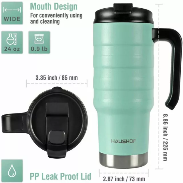 HAUSHOF 24 oz Travel Mug, Stainless Double Wall Vacuum Insulated Tumbler with Handle & Spill Proof Twist on Flip Lid and Wide Mouth, BPA Free
