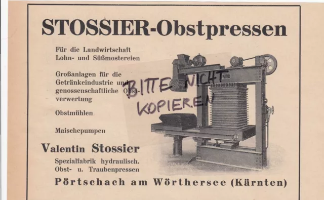 PÖRTSCHACH, Werbung 1950, Valentin Stossier Spezialfabrik hydraulischer Obst-Tra
