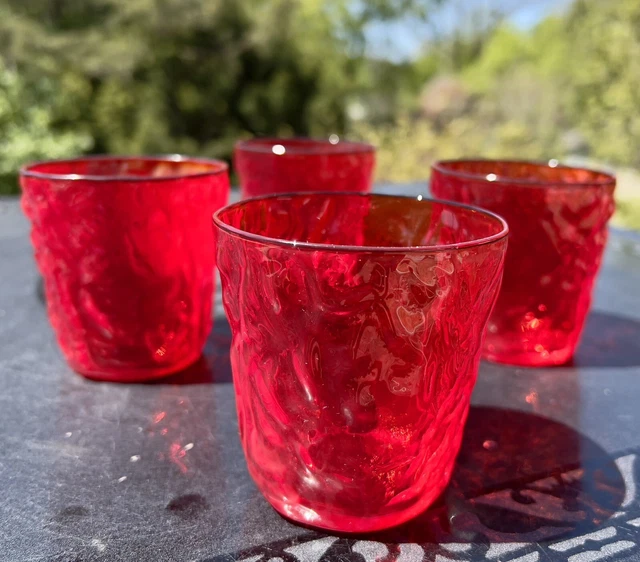 Vtg Morgantown Seneca Driftwood Crinkle Glasses Ruby Red 6 oz Flat Tumbler Set 4
