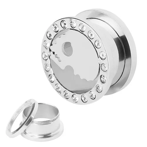 Flesh Piercing Oreille Plug Tunnel Inox Argent Tête de Mort Avec Zircone