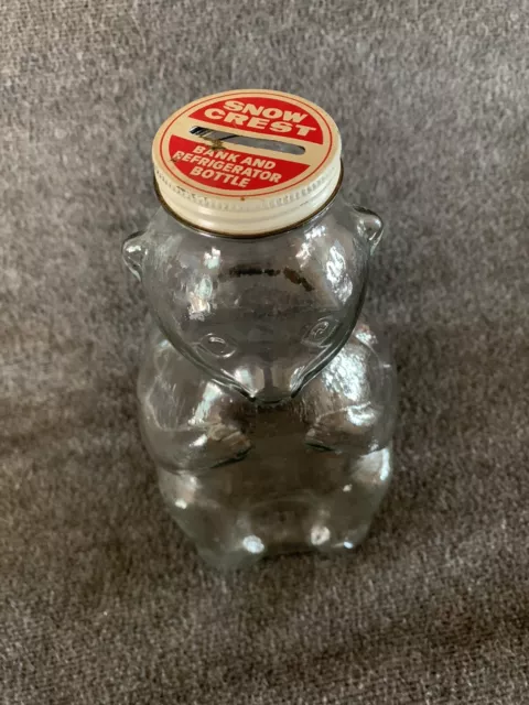 Vintage Snow Crest Glass Bear Bank & Refrigerator Bottle w/ Orig Lid. 8.5 Inches