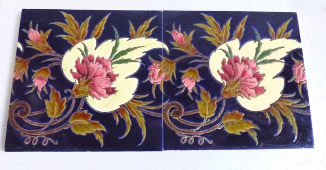 RARE Set Beautiful Flowers Longwy style -  Art Nouveau 2 Tile Jugendstil Fiese