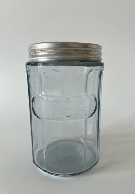 Vintage HOOSIER STYLE CABINET Blue Glass Tea Jar Canister Paneled 5 in