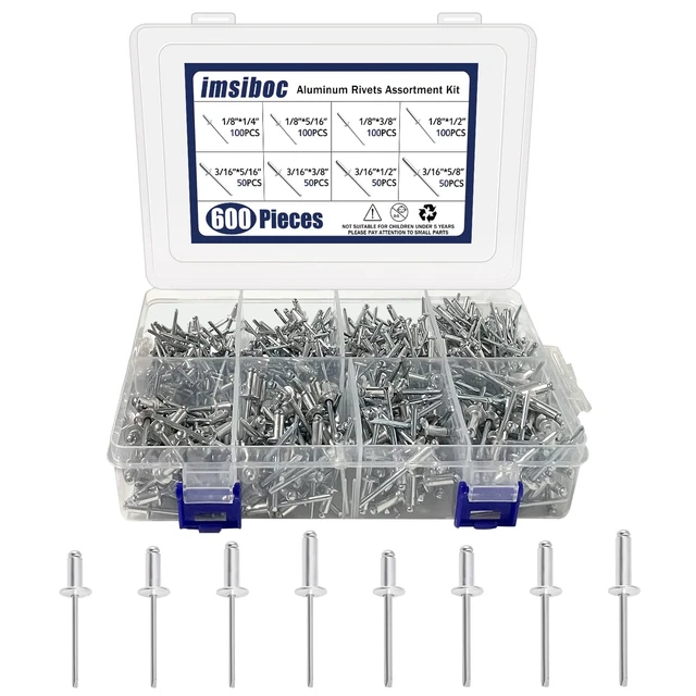 600PCS Aluminum Blind Rivets, 8 Sizes of Pop Rivets Assortment Kit（1/8" x 1/4",n