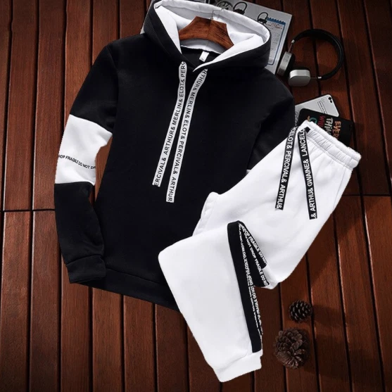 Set Tuta Felpa Cappuccio Pantaloni Uomo 2 Pezzi Noir Bianco Top Calze