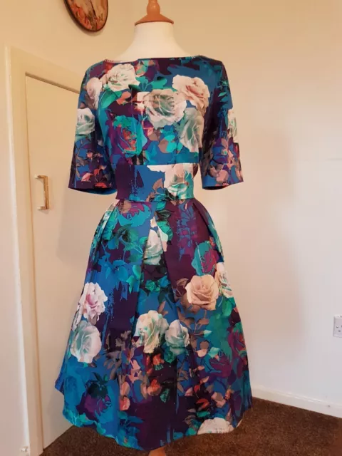 COAST blue floral fit & flare dress size 14 party green pink wedding vintage