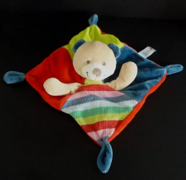 B12. DOUDOU PLAT OURS NICOTOY rouge bleu vert tricot laine , carré - ETAT NEUF*