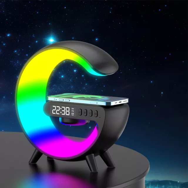 Wireless Speaker Charger Table Lamp with Alarm Clock for Bedroom (Black) #F