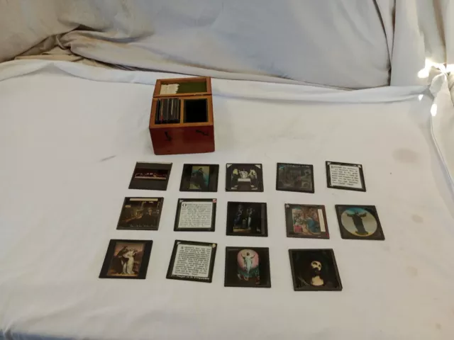 Antique Victorian Magic Lantern Glass Slides In Wooden Box 28 Religious Slides.