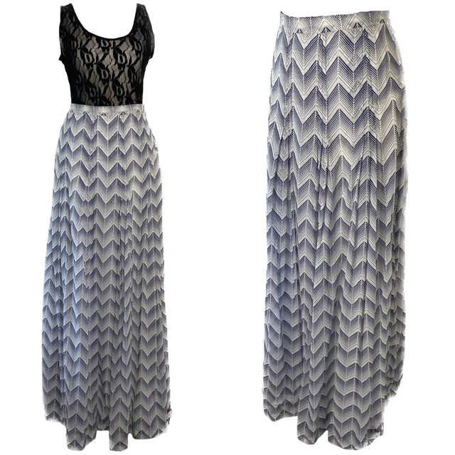 Maxi gonna vintage anni '70 motivo bianco e blu boho estate prateria cottage taglia 8