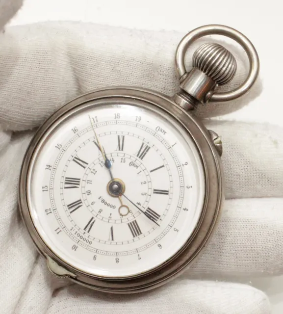 Antique Phonotelemetre Officers Solid Silver double face Pocket Watch