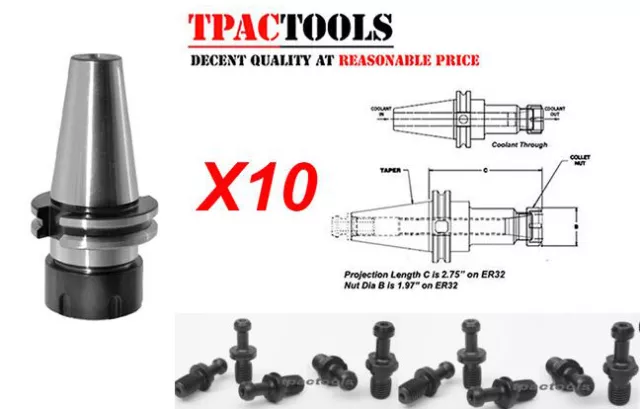 10Pc Cat40 Er32 Collet Chuck G2.5 True Balance 0.0001" Haas Or Mazak Pull Studs