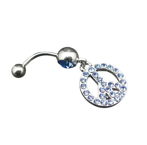 Peace Sign Dangle Belly Ring Blue CZ Gems Hippie 60's Surgical Steel 316L 14g