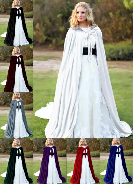 Hooded Velvet Halloween Cloak Cape Wizard Vampire Witch Wedding Gothic Medieval