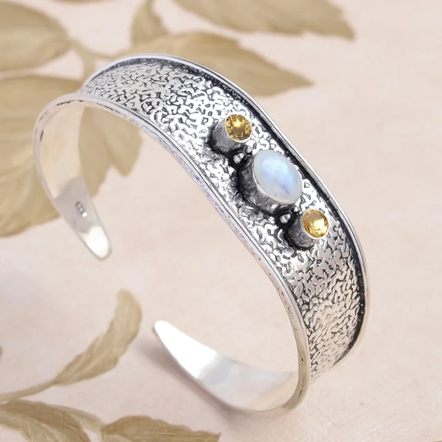 Bracelet En Argent 925 Fait Main Avec Citrine, Topaze Et Labradorite - Ajustable - Vintage/ancien