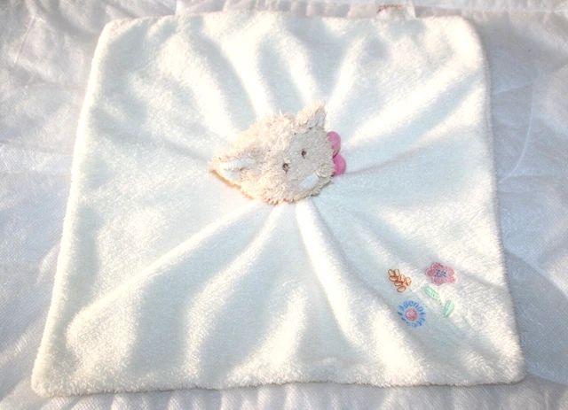 Bengy Doudou Ours Plat Blanc Ecru Beige Echarpe Rose Brode Fleur Excellent Etat