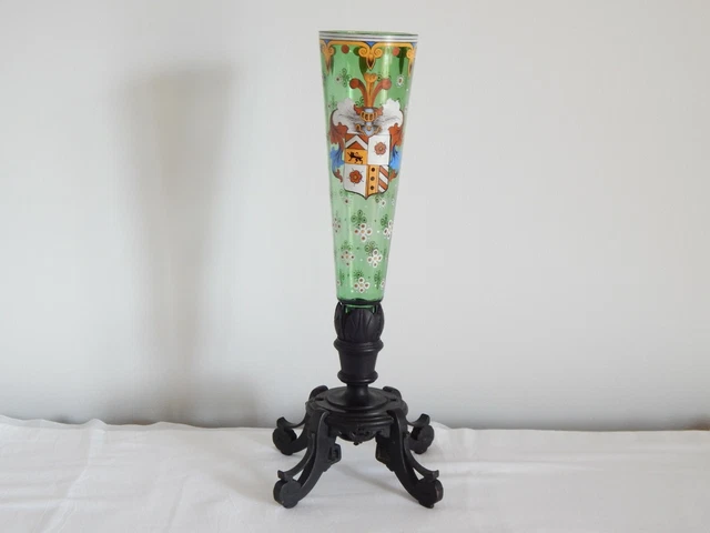 PETIT VASE ANCIEN Soliflore Verre Soufflé Pied Boule Bullé Noir H 25 cm