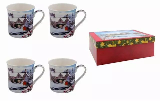 Navidad Petirrojos Porcelana Fina Tazas Conjunto De 4 Regalo en Caja