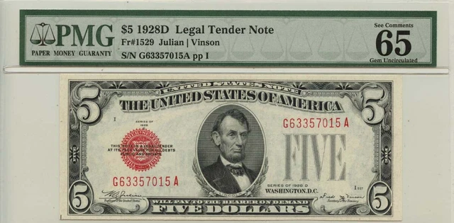 1928D $5 Legal Tender Note Red Seal Fr# 1529 PMG Gem65 EPQ
