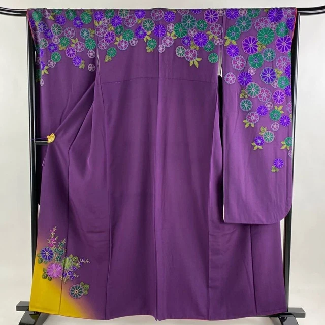 Japanese Kimono Furisode Pure Silk Chrysanthemum Embroidery Purple Color