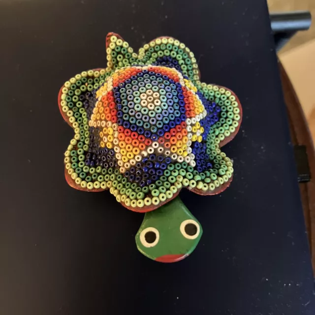 Huichol Beaded Turtle Wooden Bobblehead Handmade Mexican Folk Art Bobble Head