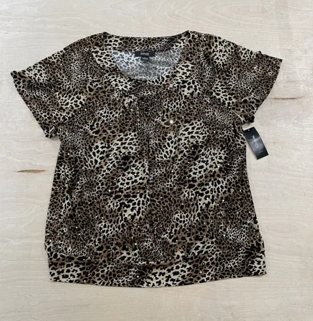 Style & Co Women Plus Size 3X Cheetah Print short Sleeve Blouse Shirt W/Sequins