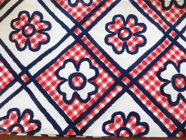 Red Black White Gingham Flower Heavy Cotton Sailcloth Upholstery Fabric UNUSED