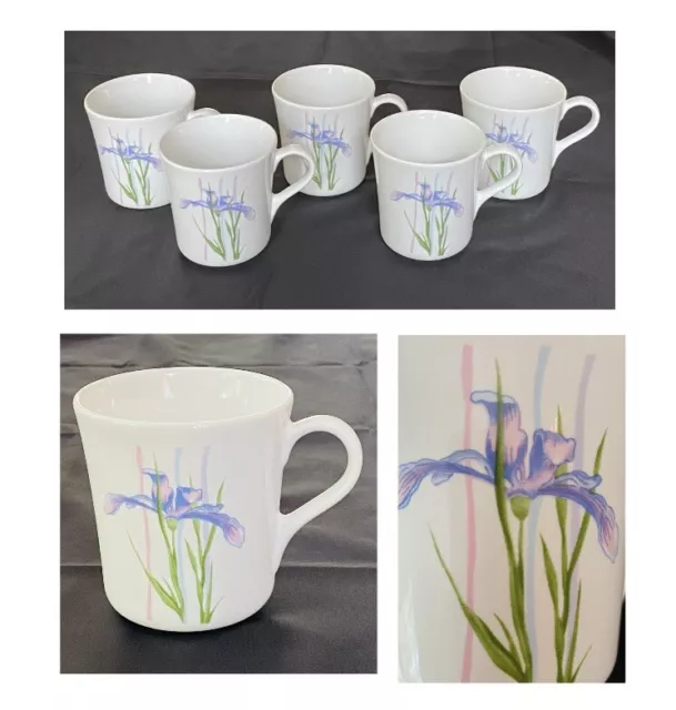 VINTAGE Corelle Mugs 8 oz.  SHADOW IRIS Purple Flower Stoneware 5-Pc Set (1980s)