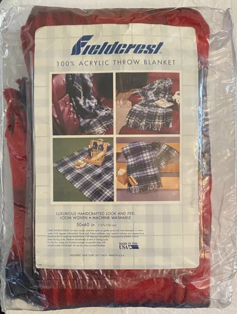 Fieldcrest Tartan Plaid Throw Fringed Blanket Red Blue 50" x 60" Acrylic USA New