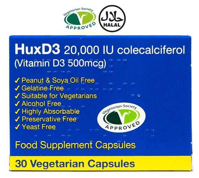 Vitamin d3 20000iu capsules HuxD3 ** Max / High Strength** vegetarian & HALAL