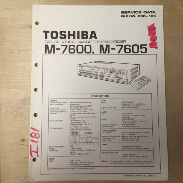 Toshiba Service Manual for the M-7600 M-7605 VCR Video Cassette Recorder