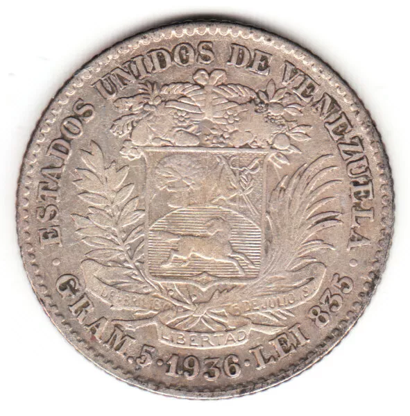 1936 Venezuela 1 Bolivar .835 SILVER