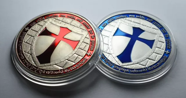 Pair of Large Silver Masonic Knights Templar Coins with Blue & Red Enamel. Mason