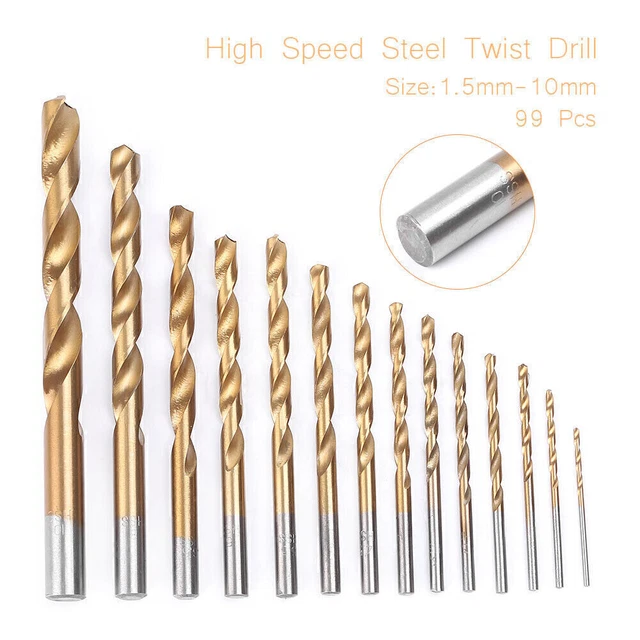 99 x Titanium Coated HSS High Speed Steel Twist Drill Bits Set Tools 1.5mm-10mm