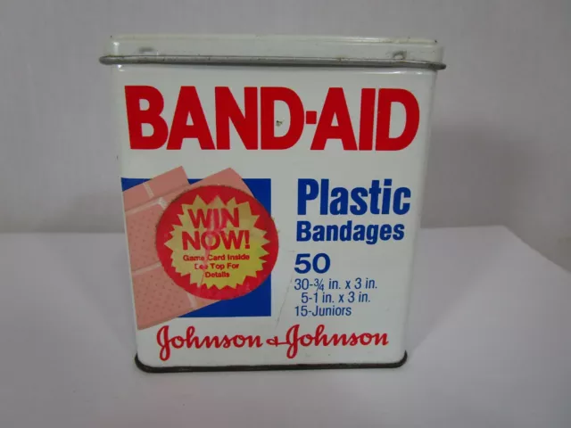 1983 Johnson & Johnson Band-Aid Tin Metal Box Hinged Lid Plastic Badges 5624 BN