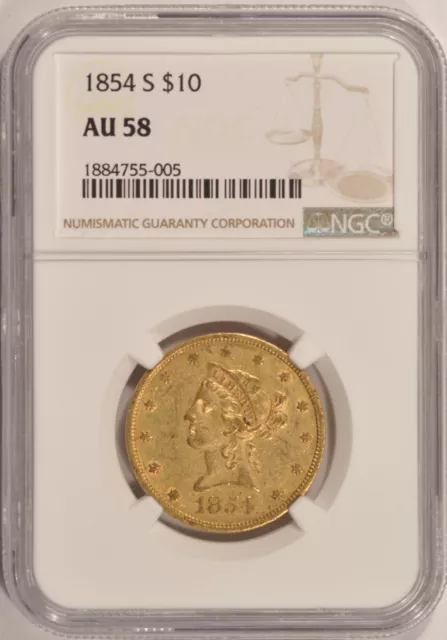 1854-S $10 Gold Liberty Eagle Coin NGC AU58 Pre-1933 Gold
