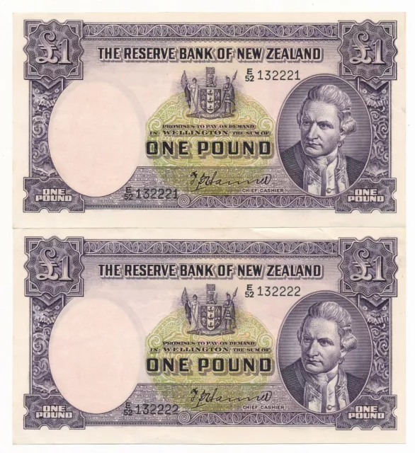 NEW ZEALAND NZ Pound Hanna P. 159a gEF Consecutive Pair (2 Notes) 132221 &132222
